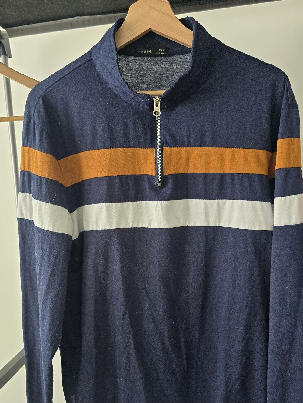 SHEIN Navy Zip-Up Sweater with Orange and White Stripes